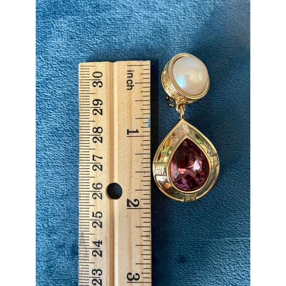 Givenchy Vintage Purple Stone and Pearl Teardrop Earrings Clip On 80s 90s Style - Picture 5 of 6